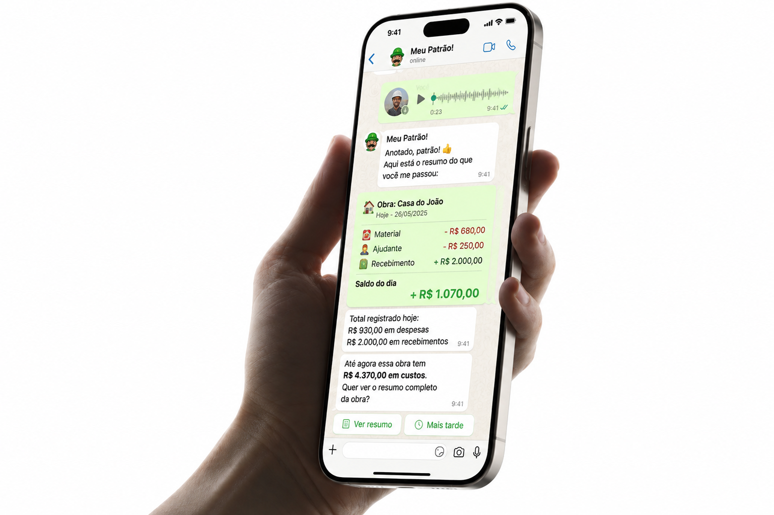 Meu Patrão! registrando custos e recebimentos de uma obra pelo WhatsApp